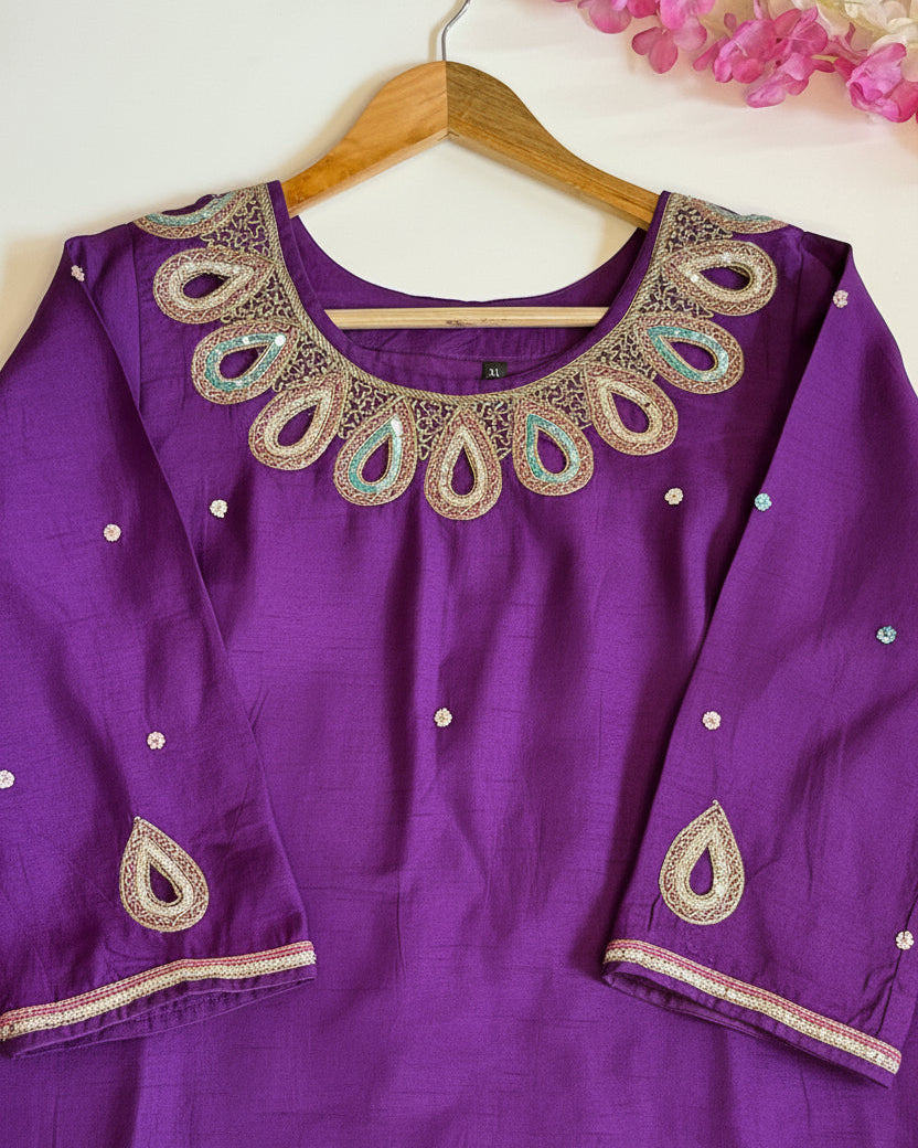 Raw silk Purple Cut work at Neck & Hand with Rich Banarasi Dupatta