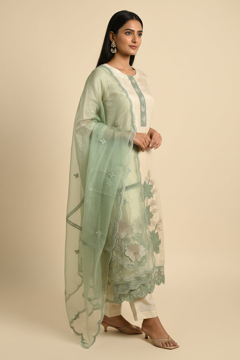 Crepe Jacquard Beige kurta with green embroidery.