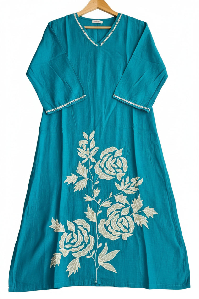 Blue Premium Mul Cotton with Floral Embroidery Kurta Set