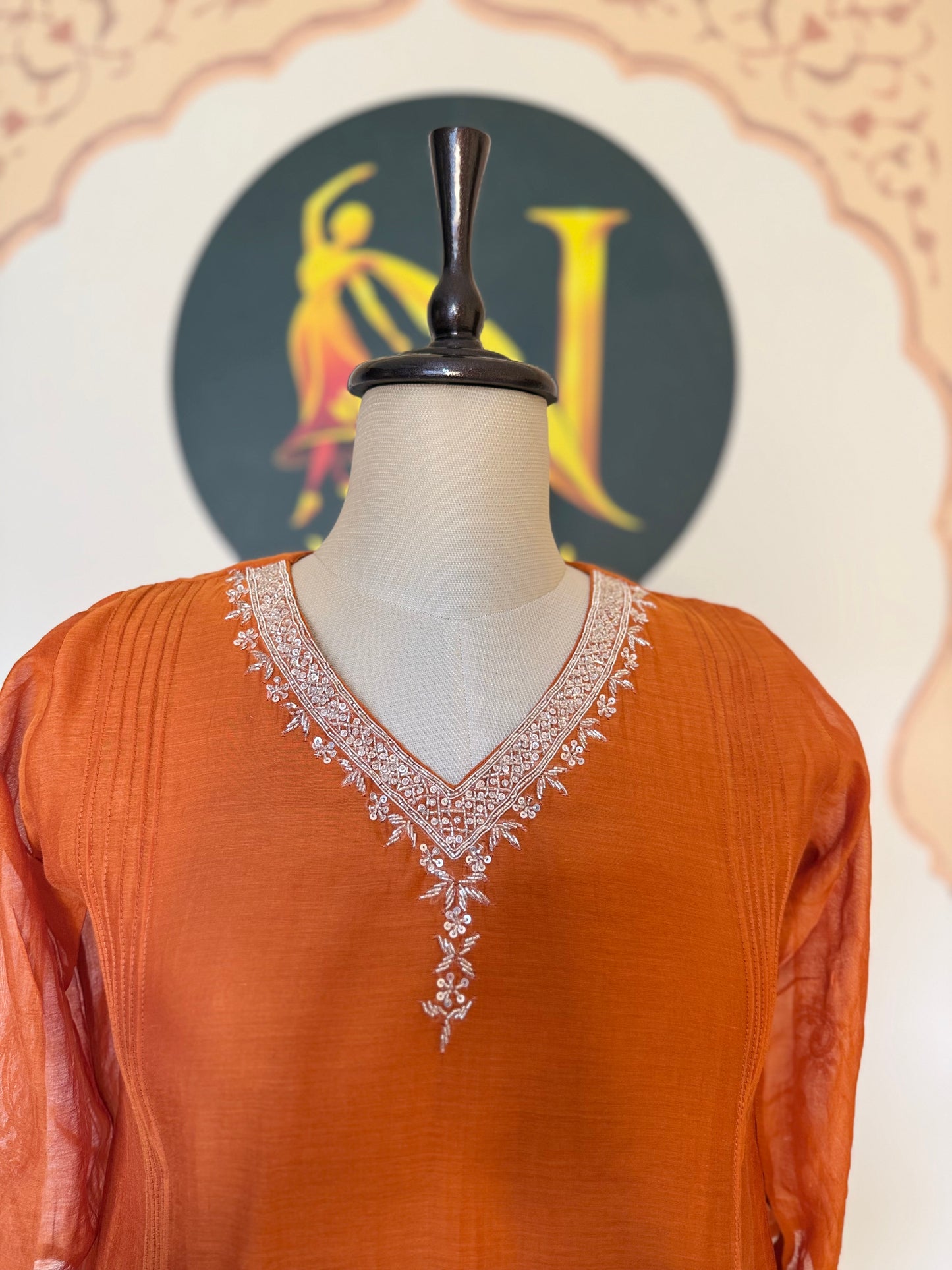 Rust Orange Mul Chanderi Hand Work
