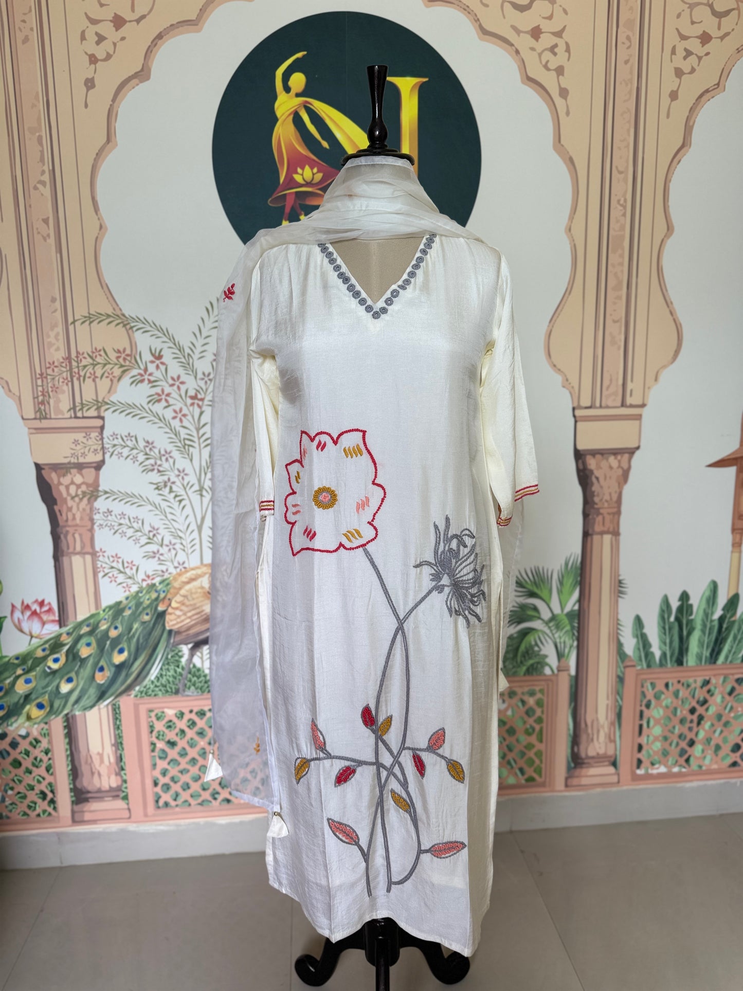 Dola Silk White Salwar Suit with Organza Dupatta
