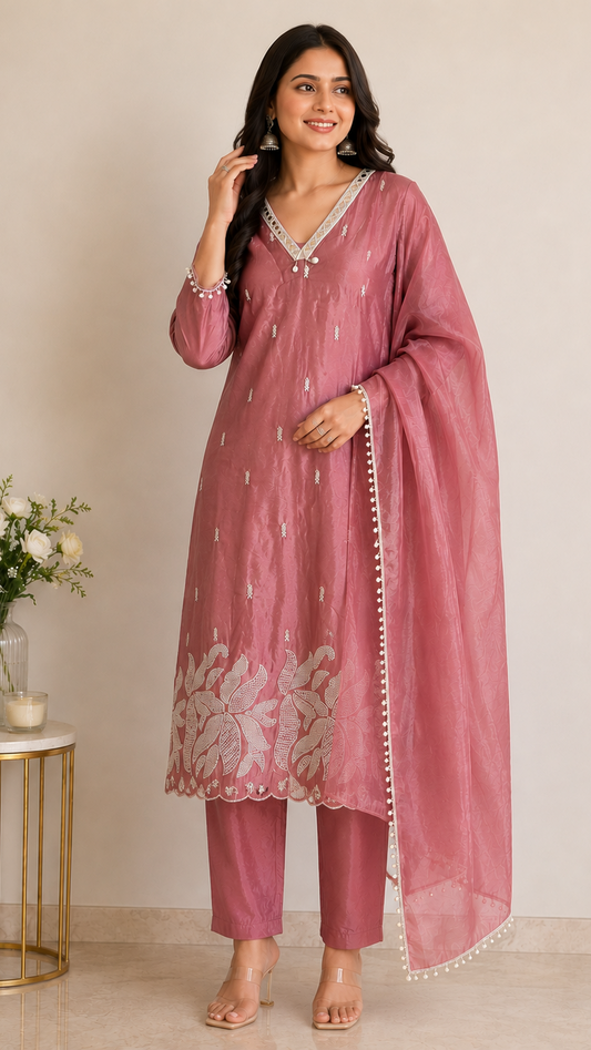 Rose Pink Tissue Kurta Set With PEARL Work
