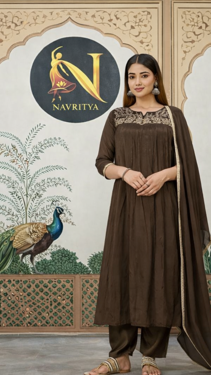 Chocolate Brown Chinon 3-Piece Salwar Suit