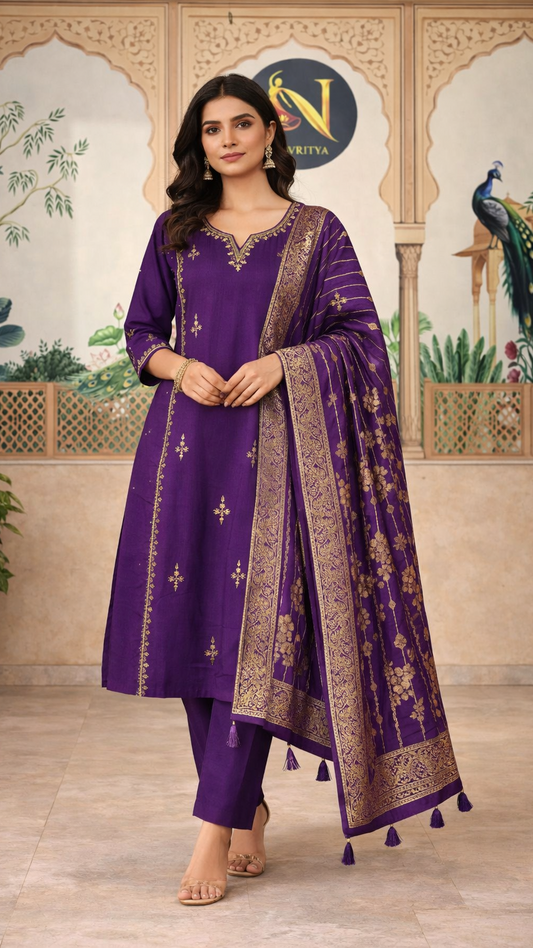 Raw Silk Purple  Party Wear Salwar Suit with Banaras Dupatta.