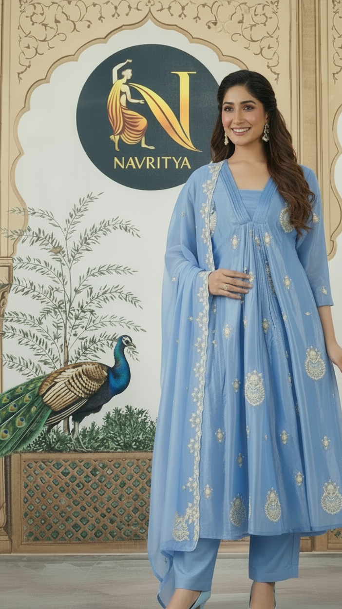 Pastel Blue Chinon Salwar Suit Set