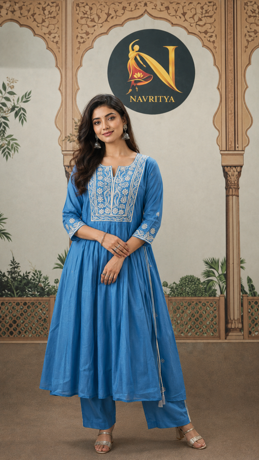Blue Mul Chanderi Kurta Set