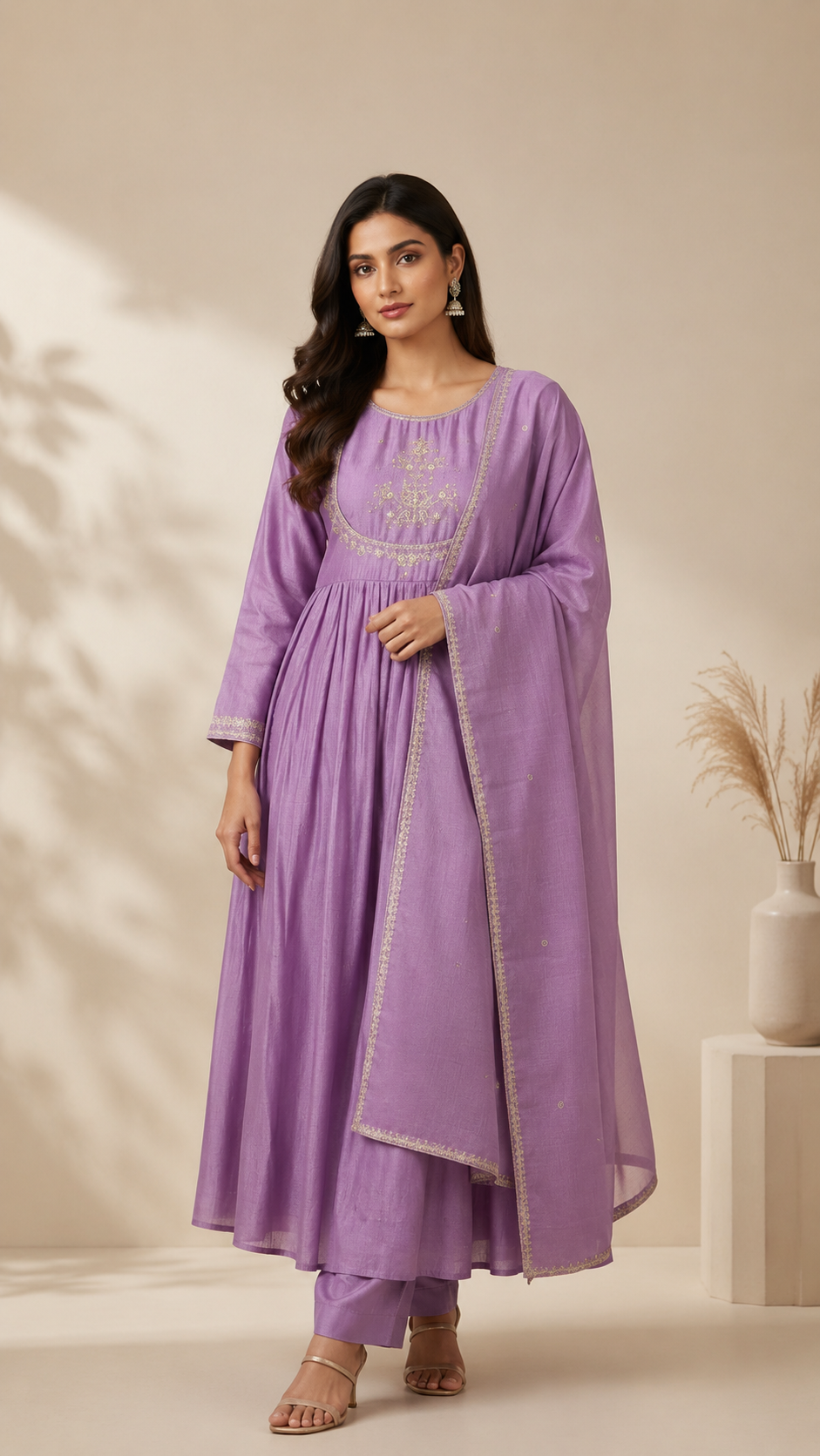 Lavender Mul Chanderi with Embroidery work.
