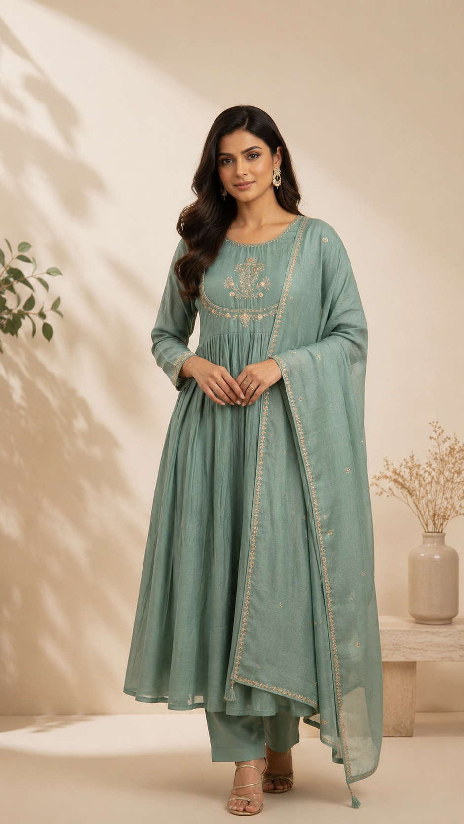Mint Green Mul Chanderi Kurta Set with Embroidery work.