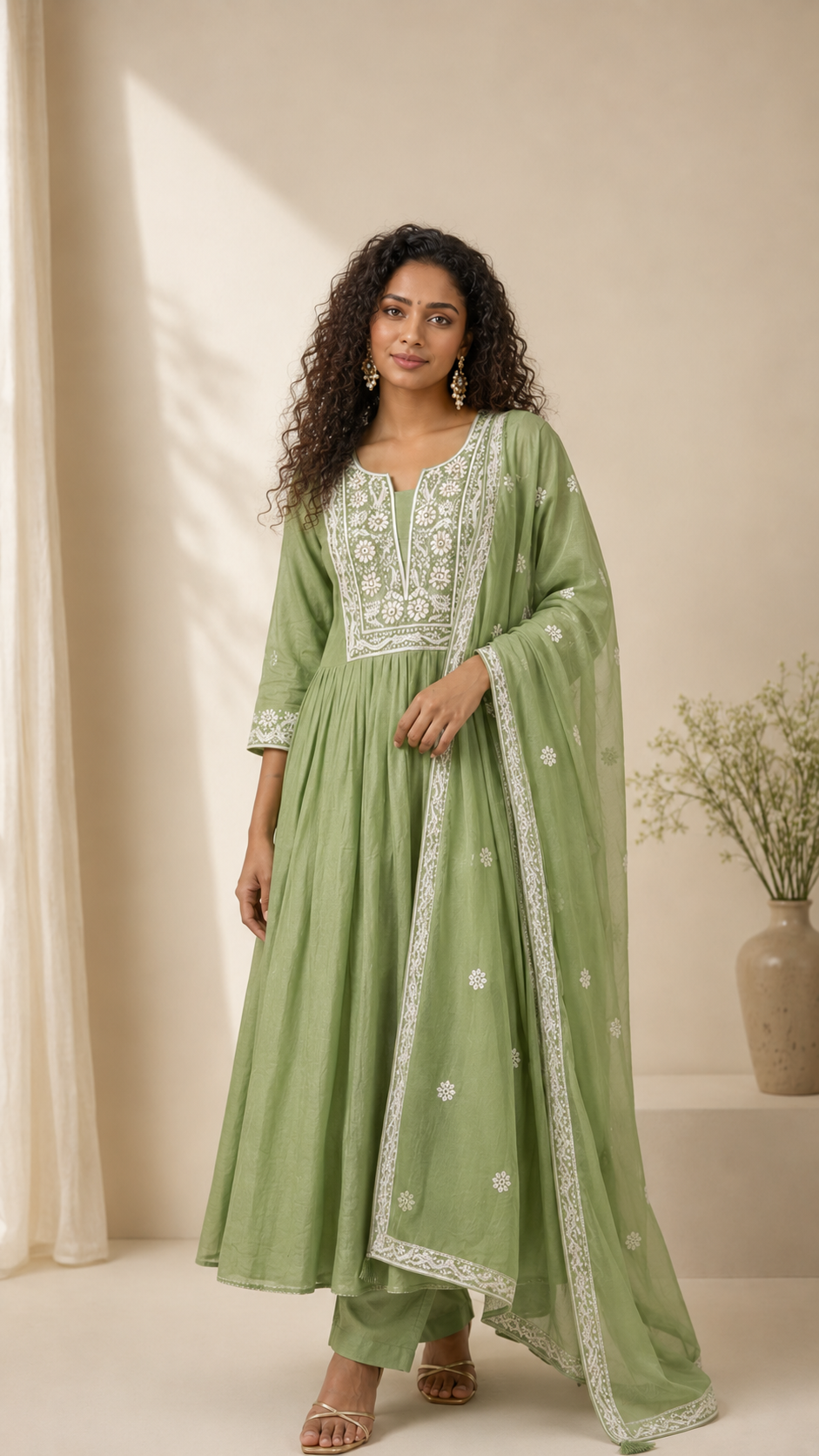 Pastel Green Mul Chanderi Salwar Suit Set