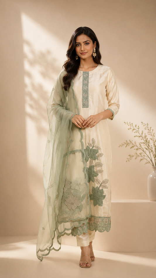 Crepe Jacquard Beige kurta with green embroidery.