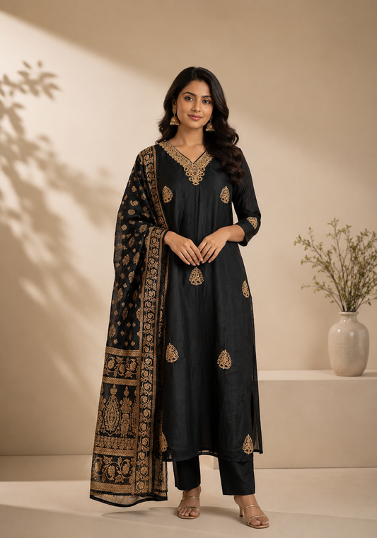 Black Raw Silk With Zardozi work with Rich Banarasi Dupatta