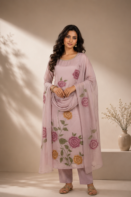 Chinnon  pink embroidery floral salwar suit