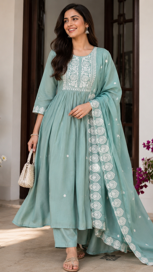 Light Pastel Green Kurta Set With Intricate White Thread Work