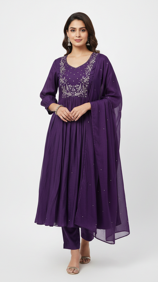 Purple Mul Chanderi kurta set