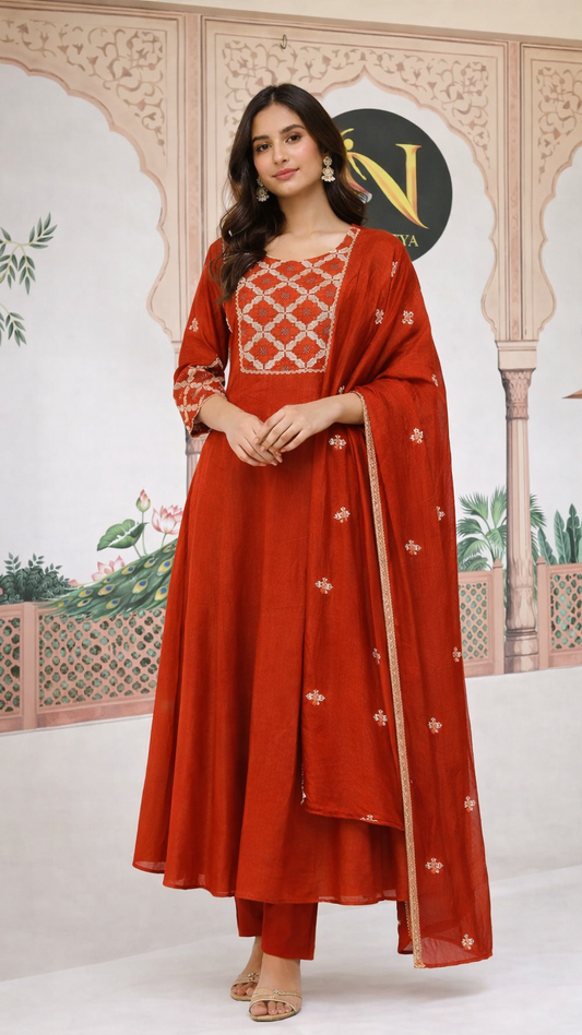 Mul Chanderi Rust Orange Kurta set with Thread Embroidery work