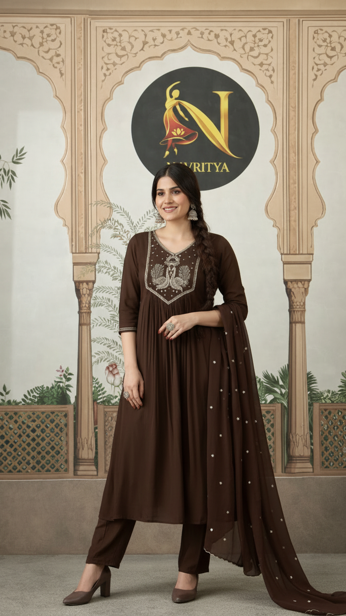 Chocolate Brown Mul Chanderi Salwar Suit