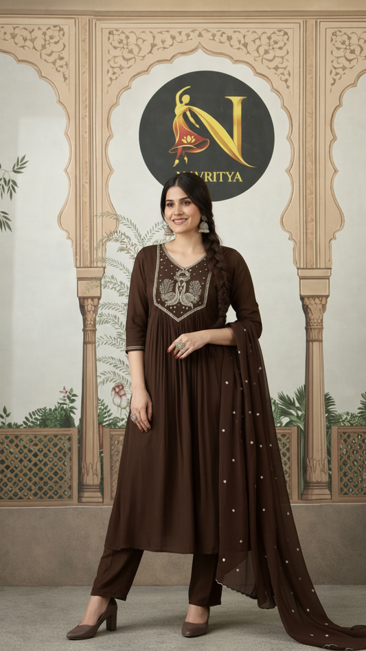 Chocolate Brown Mul Chanderi Salwar Suit