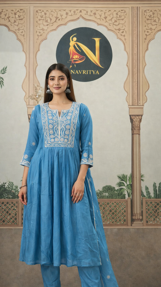 Blue Mul Chanderi Kurta Set