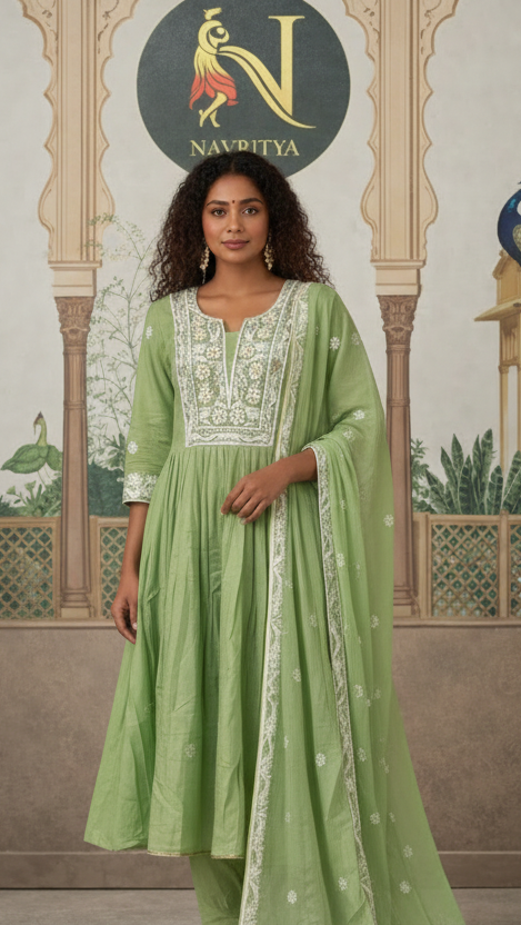 Pastel Green Mul Chanderi Salwar Suit Set