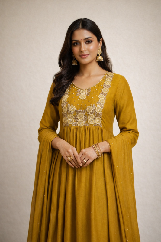 Mustard Yellow Mul Chander Salwar Suit with Bead work Embroidery