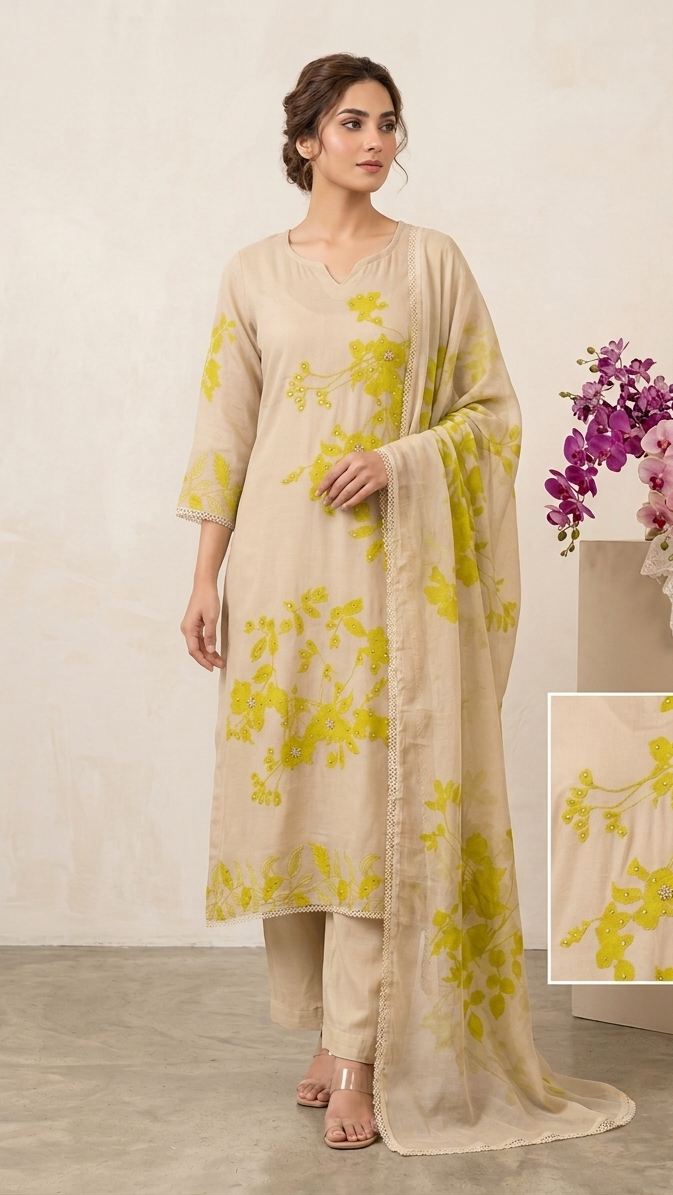 Premium Crepe Kurta Set with Floral Embroidery
