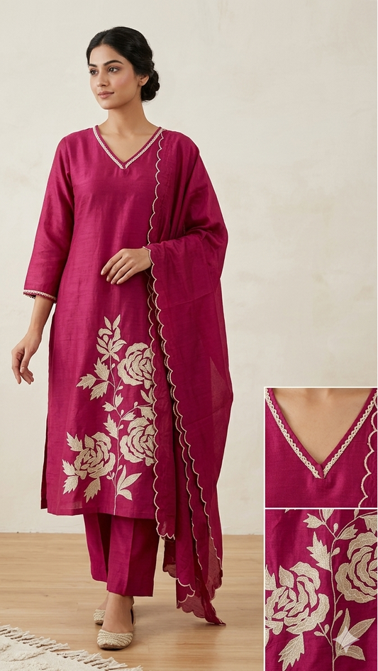 Pink Premium Mul Cotton Kurta Set with Floral Embroidery