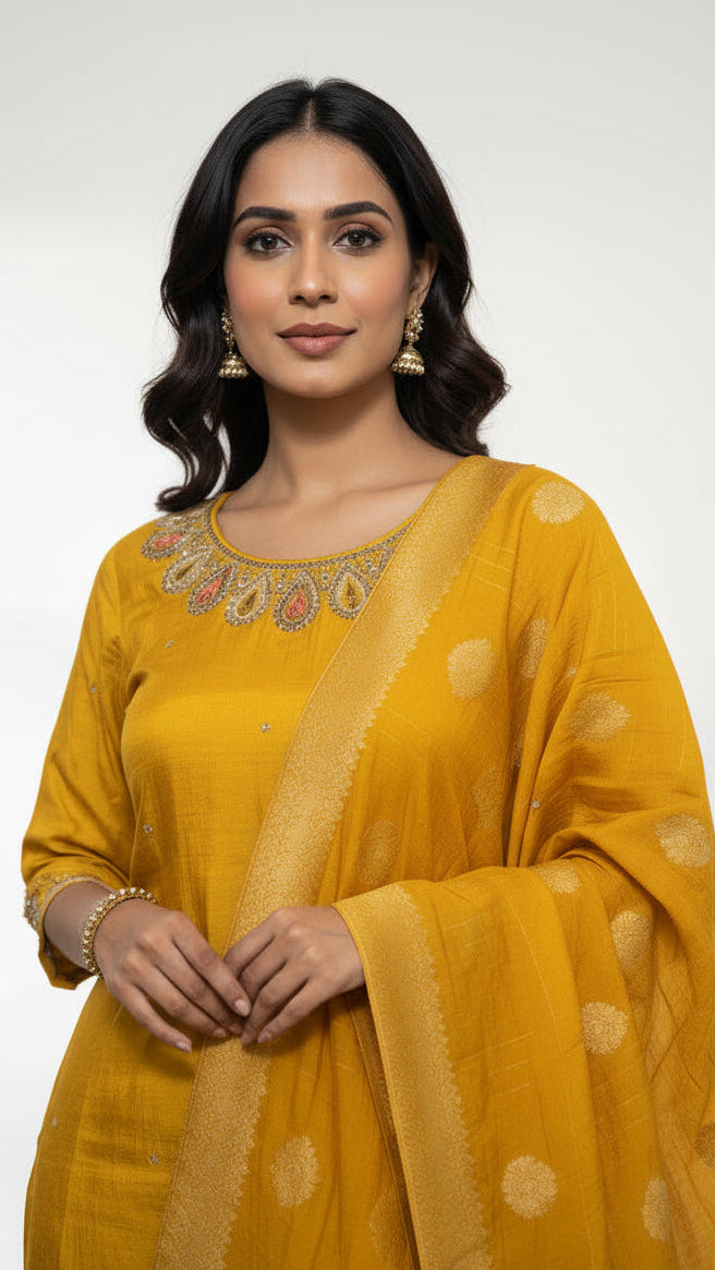 Yellow Raw silk fabric with cut work bead design.