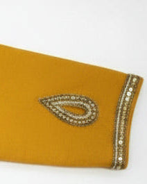 Yellow Raw silk fabric with cut work bead design.