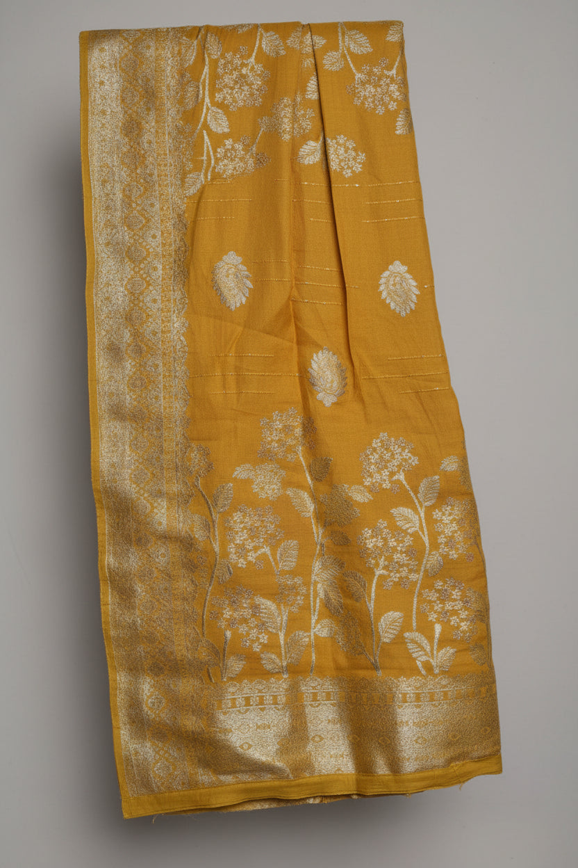 Yellow Raw silk fabric with cut work bead design.