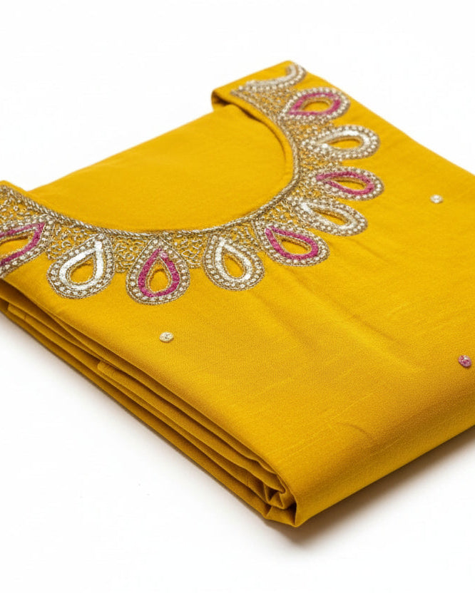 Yellow Raw silk fabric with cut work bead design.