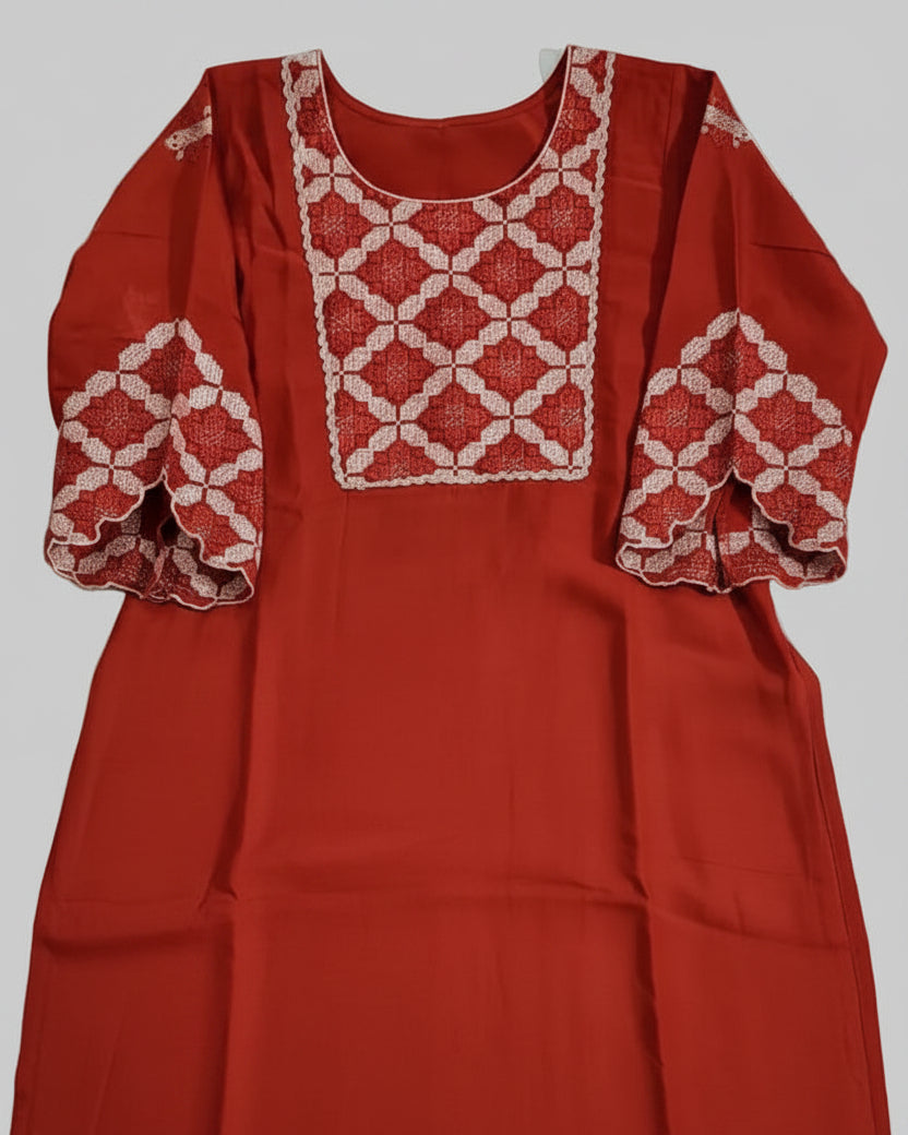 Mul Chanderi Rust Orange Kurta set with Thread Embroidery work
