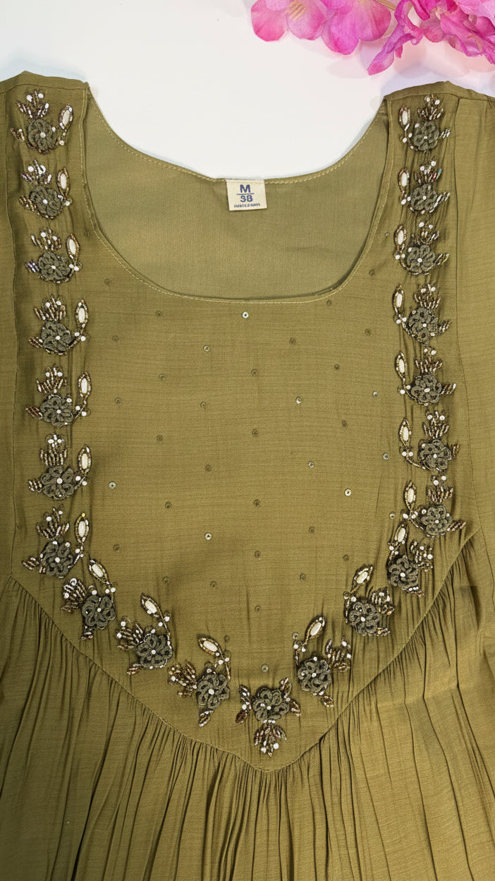 Mehandi Green Mul Chanderi Kurta Set
