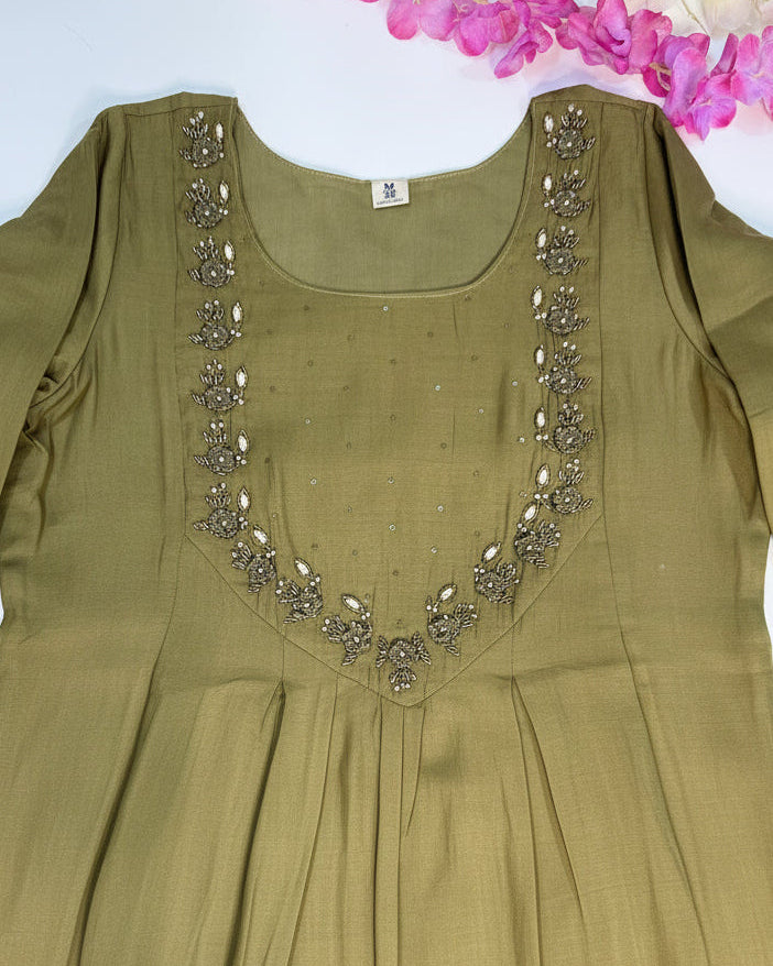 Mehandi Green Mul Chanderi Kurta Set