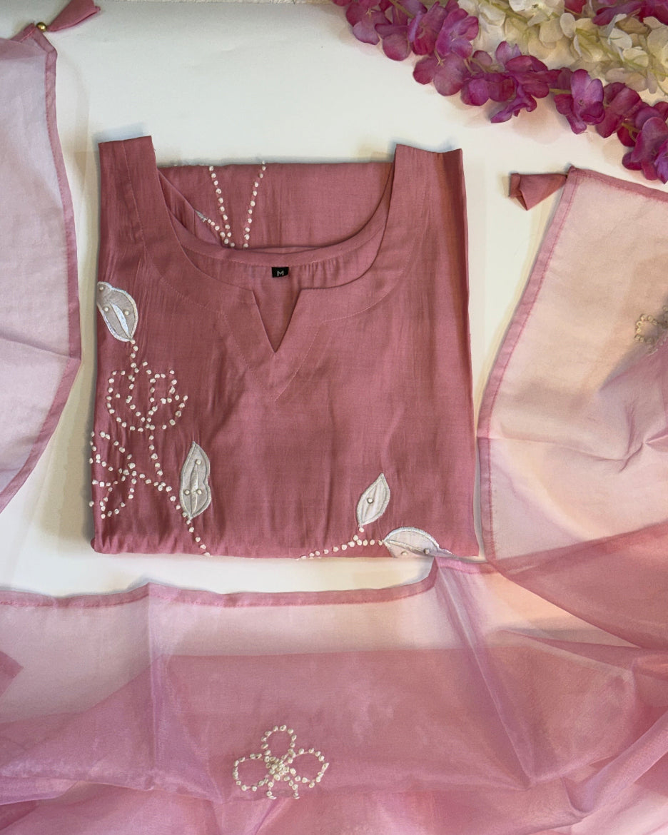 Muslin Silk Soft floral embroidery Kurta Set with Organza Dupatta