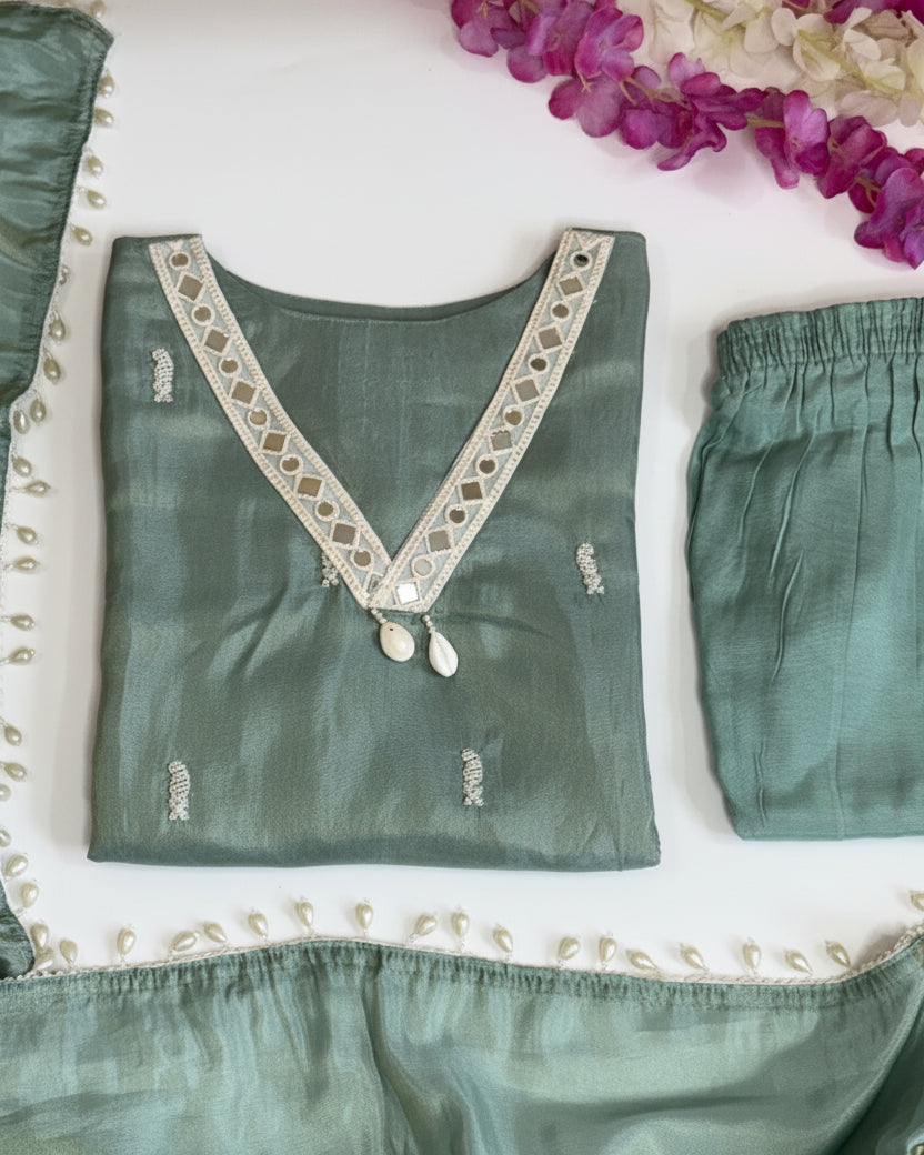 Sage Green Tissue Kurta Set With PEARL Work