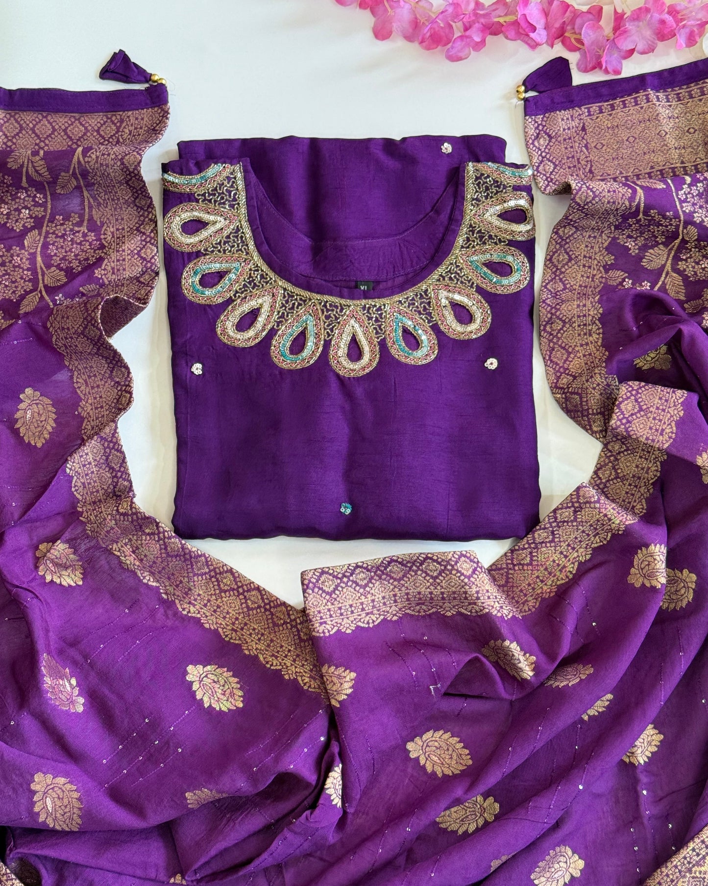 Raw silk Purple Cut work at Neck & Hand with Rich Banarasi Dupatta