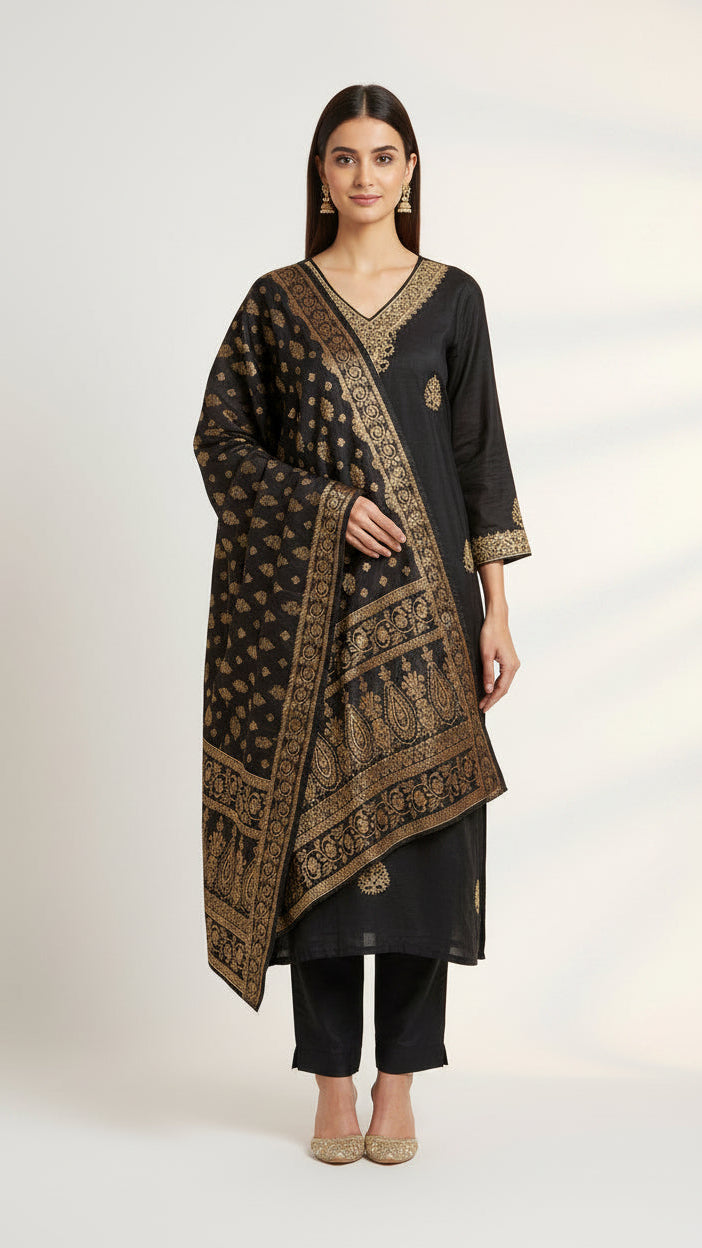 Black Raw Silk With Zardozi work with Rich Banarasi Dupatta