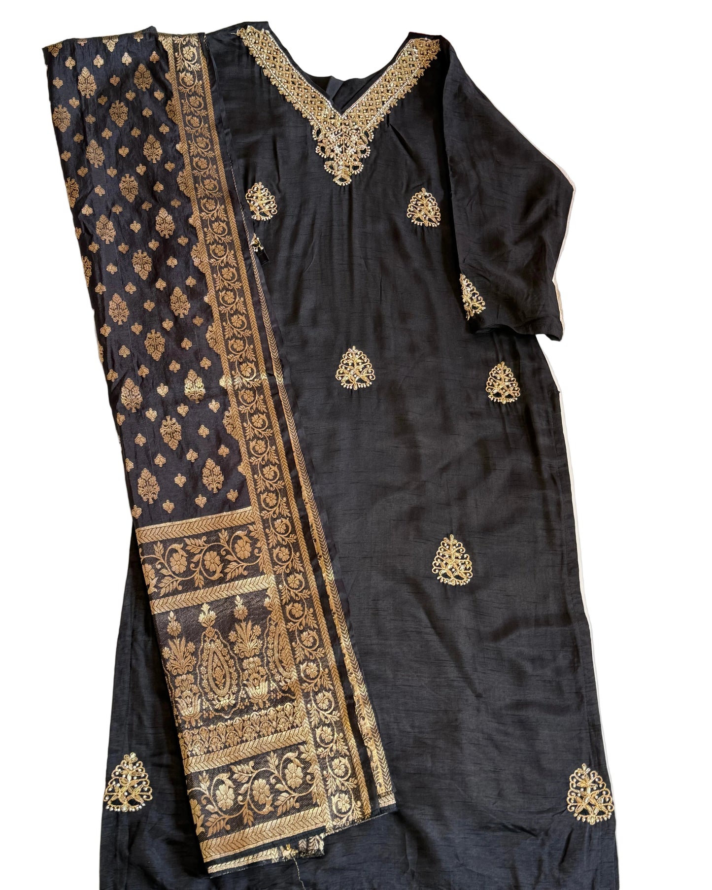 Black Raw Silk With Zardozi work with Rich Banarasi Dupatta