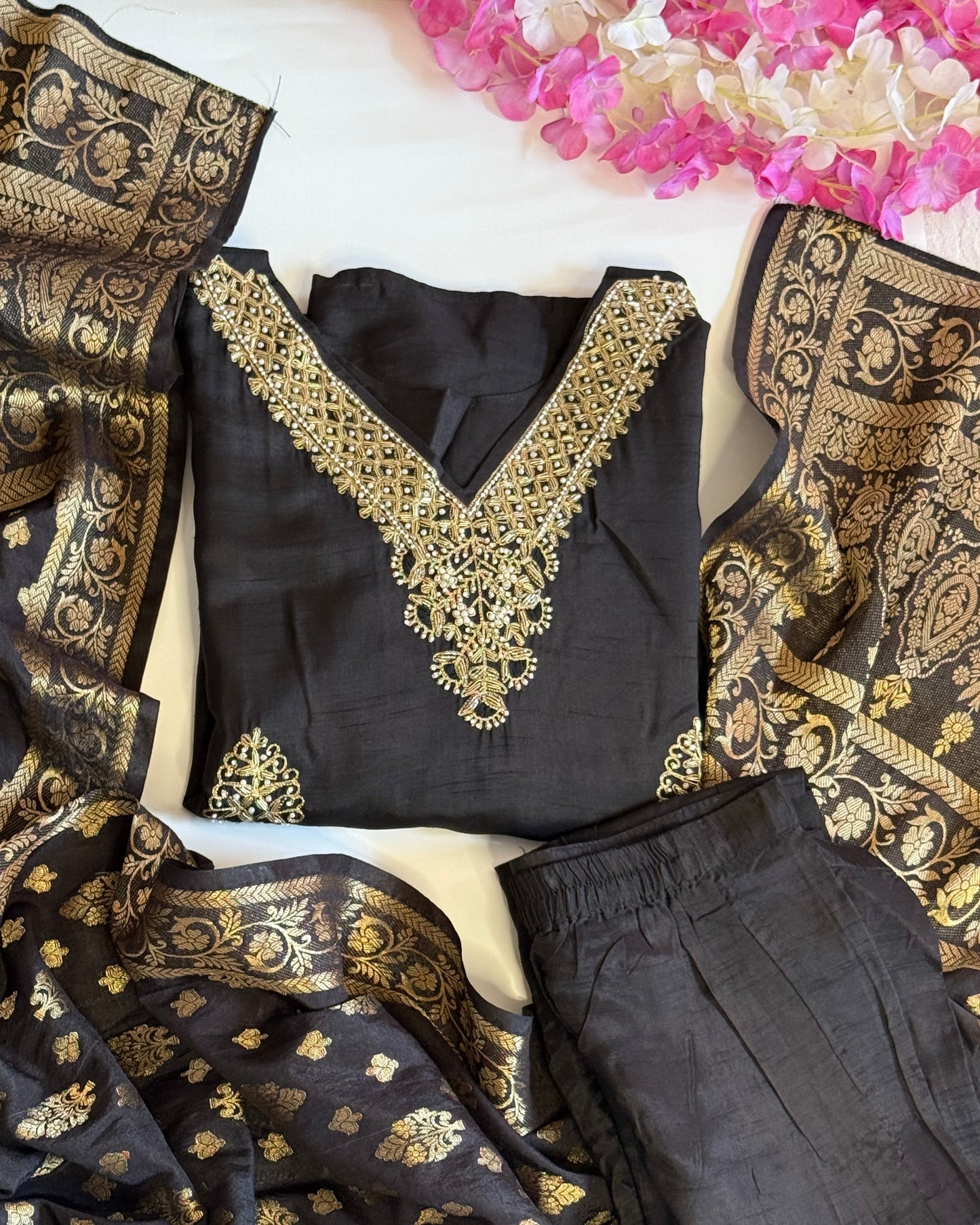 Black Raw Silk With Zardozi work with Rich Banarasi Dupatta