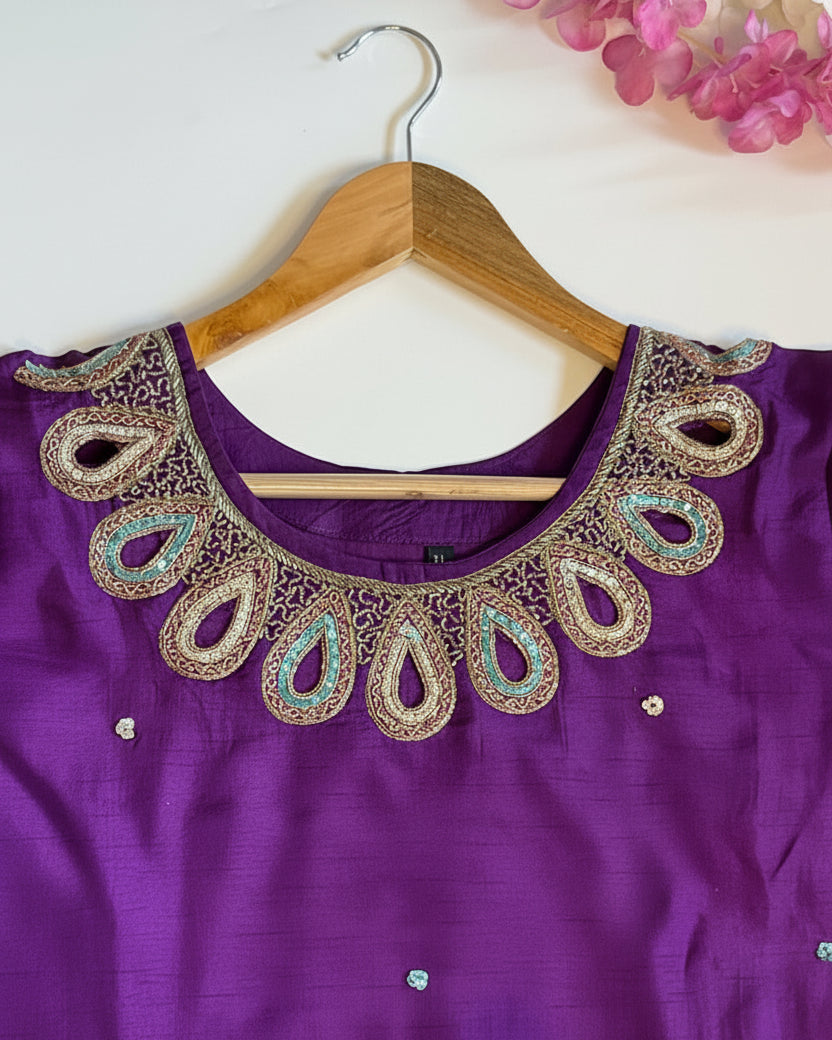 Raw silk Purple Cut work at Neck & Hand with Rich Banarasi Dupatta