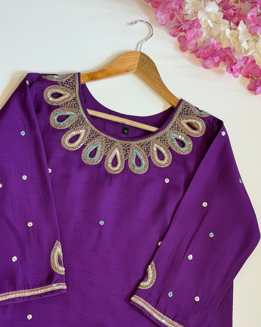 Raw silk Purple Cut work at Neck & Hand with Rich Banarasi Dupatta
