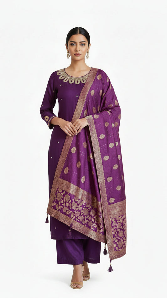 Raw silk Purple Cut work at Neck & Hand with Rich Banarasi Dupatta