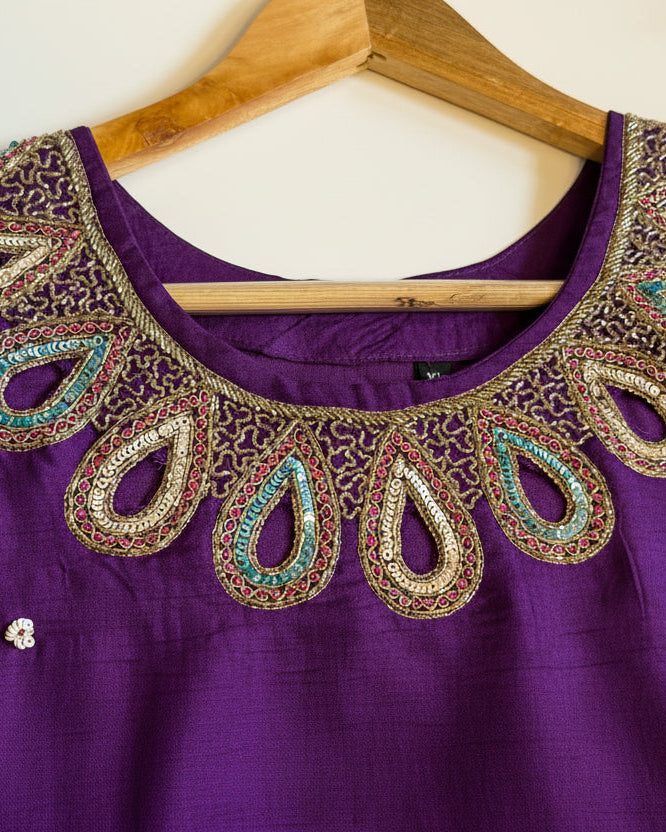 Raw silk Purple Cut work at Neck & Hand with Rich Banarasi Dupatta