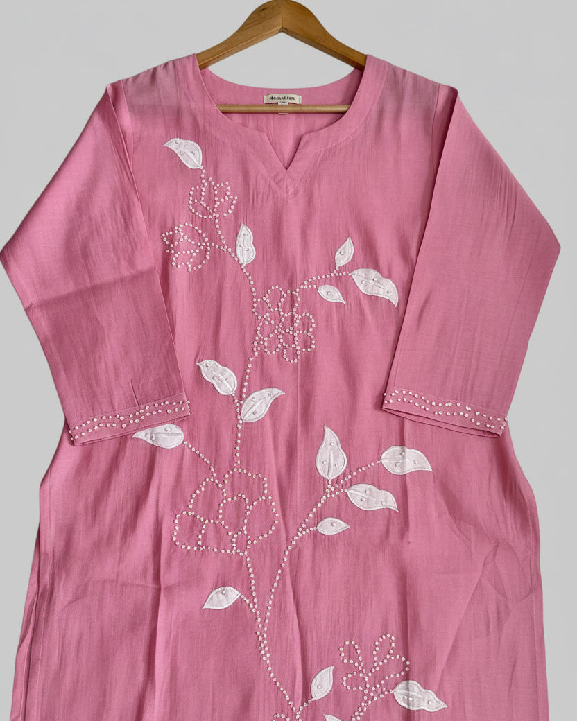 Muslin Silk Soft floral embroidery Kurta Set with Organza Dupatta