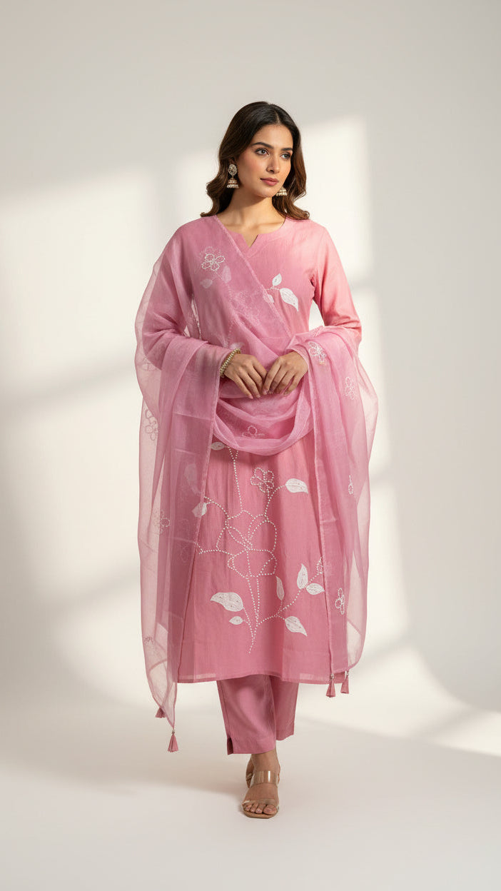 Muslin Silk Soft floral embroidery Kurta Set with Organza Dupatta