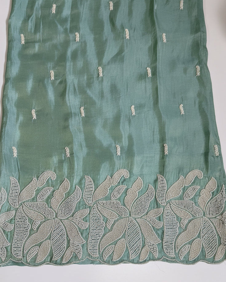 Sage Green Tissue Kurta Set With PEARL Work