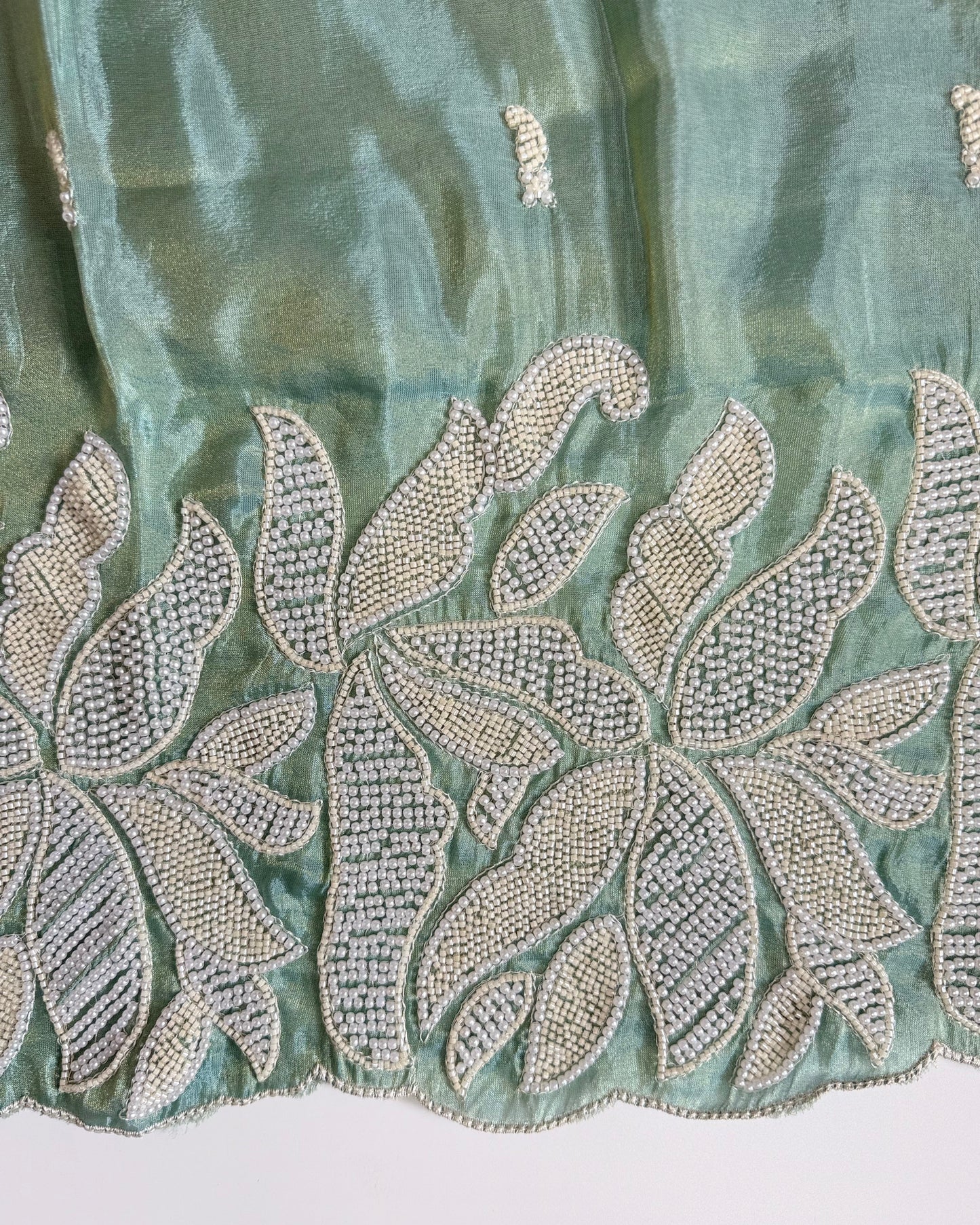 Sage Green Tissue Kurta Set With PEARL Work