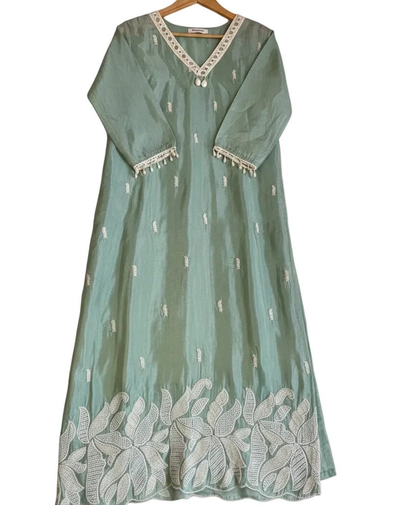 Sage Green Tissue Kurta Set With PEARL Work