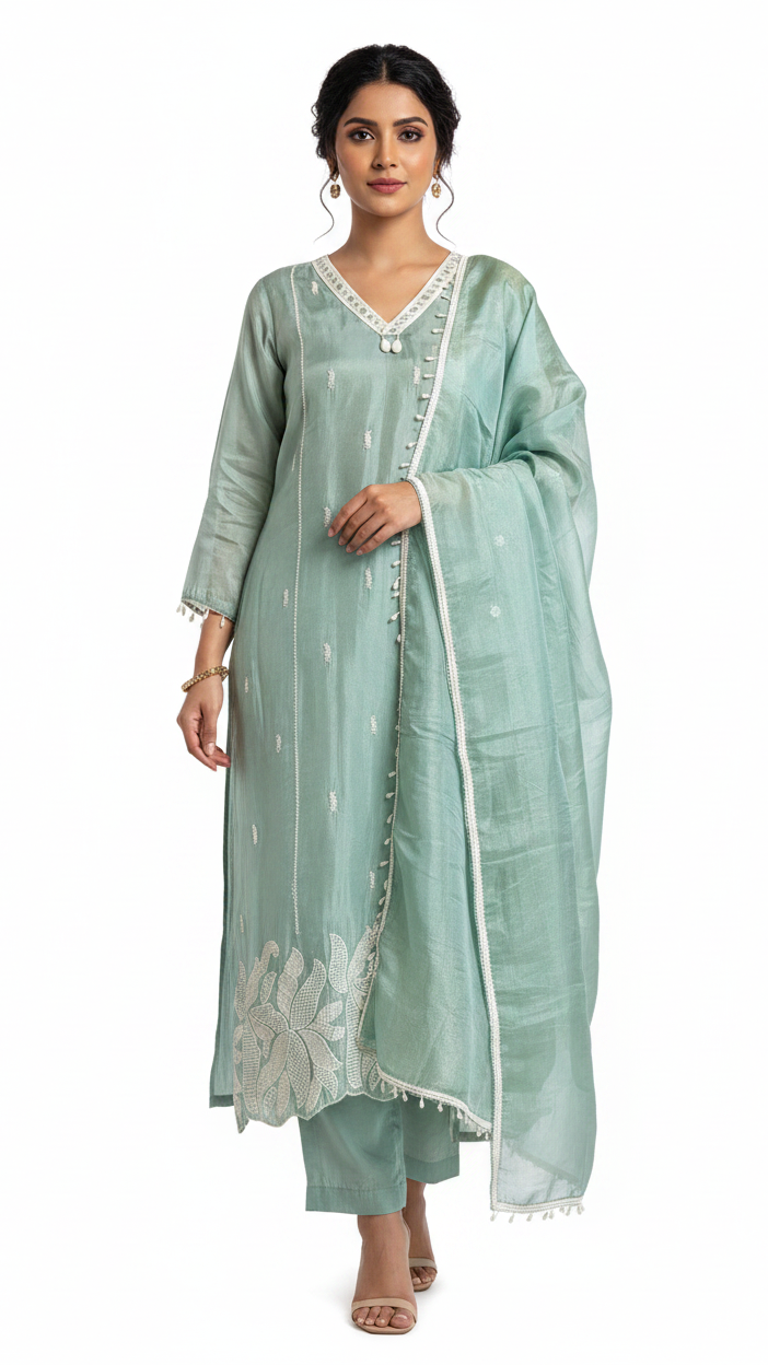 Sage Green Tissue Kurta Set With PEARL Work