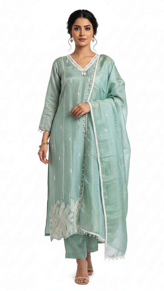 Sage Green Tissue Kurta Set With PEARL Work